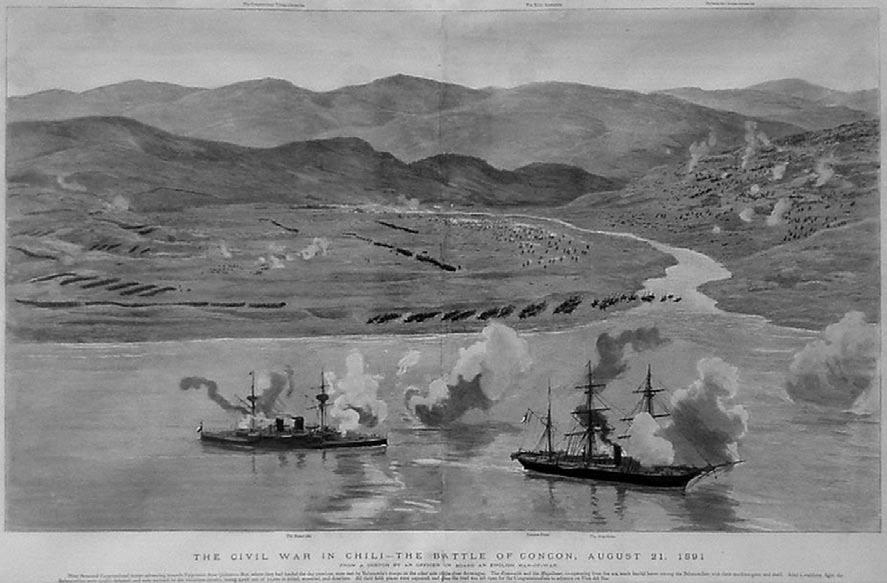 Campañas Marítimas de la Revolución de 1891 63 La Batalla de Concon 21 Agosto de 1891, con la Esmeralda y la O``Higgins, publicada en la revista Inglesa The Graphic en Octubre de 1891.