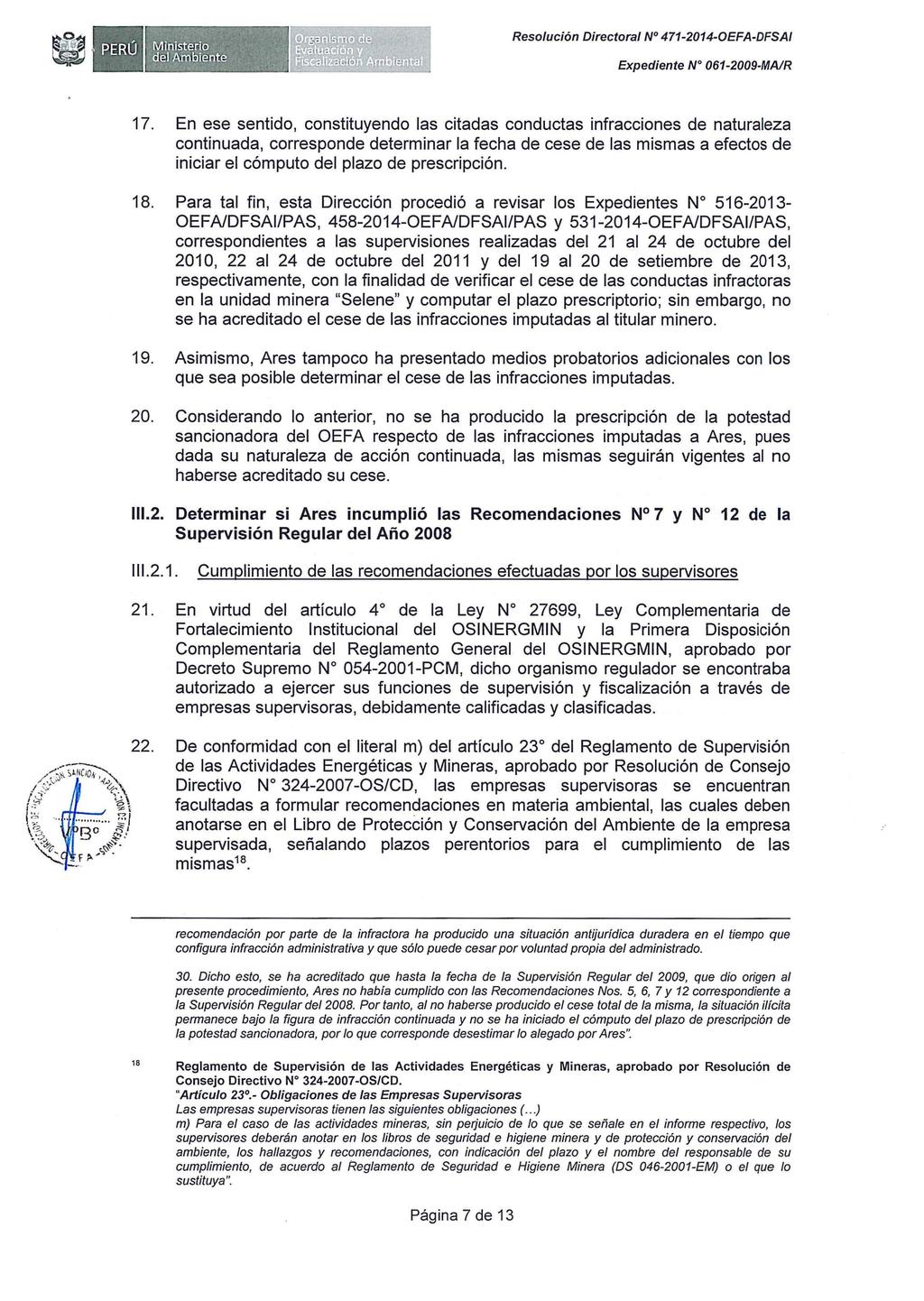Resolución Directora/ N 471-2014-0EFA-DFSA/ Expediente W 061-2009-MAIR 17.