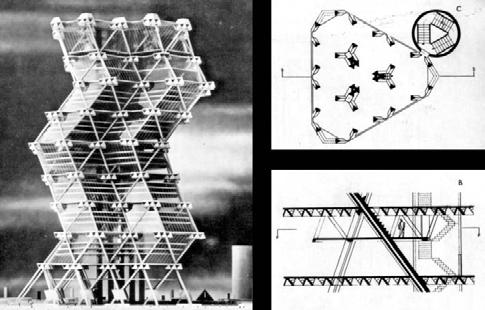 Fig.1.Philadelphia City Tower, 1954. Louis Kahn y Anne Tyng. Fig.2.USAF Space Frame, 1951. Konrad Wachsmann.