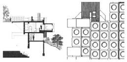 Fig.14.Vivienda prototipo, 1972. Alzado y sección de la cápsula. Kurokawa. Fig.15.Edificio Nagakin, 1972. Axonometría del montaje la cápsula. Kurokawa. Fig.16.Edificio Nagakin, 1972. Planta tipo.