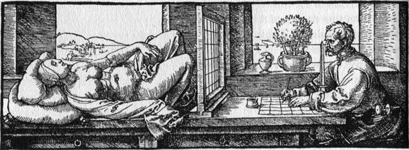 Fig.7. Daraughsman Drawing a Recumbent Woman, 1525. Alberto Durero. Fig.8. Casco-pistola, 1916. Patente de Albert Bacon Pratt.