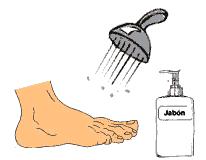 Verifique primero la temperatura del agua con las manos o el codo. Séquese suavemente los pies, sobre todo entre los dedos. Use loción, vaselina, lanolina o aceite sobre la piel seca.