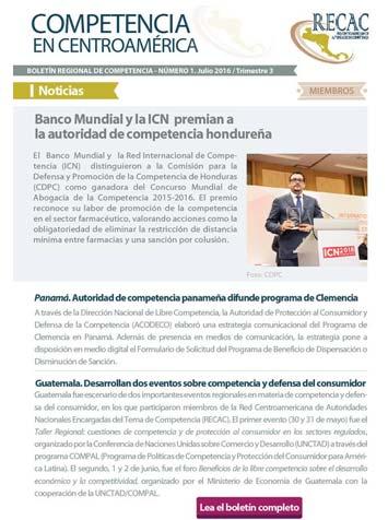 2.6. Boletín Competencia en Centroamérica (número 1/julio 2016) Se conformó la Comisión Editorial, integrada por Costa Rica, Honduras, Panamá y El Salvador.