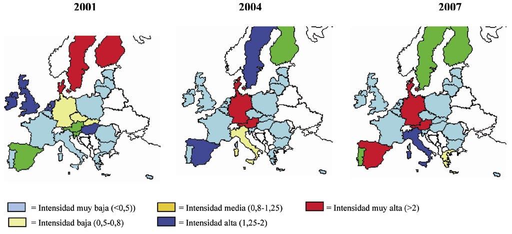 Figura 1. Evolución de la intensidad de adhesión al reglamento EMAS en la UE-27 (2001, 2004 y 2007) Comisión Europea y del Eurostat. Nota: Datos de 2007 cerrados al 31 de julio de 2007.