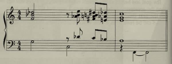 (Ej.4) Siguiendo el concepto de tomar prestadas las fundamentales de los acordes de dominante derivados de un mismo acorde disminuido, el voicing del acorde disminuido en el beat 4 incorpora una