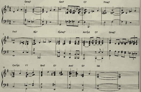 En el compás 5 se ha armonizado el G de la melodía con un acorde disminuido, como si se tratara de una nota disminuida de la escala de F major 6 diminished después movemos el voicing a través de la