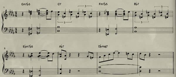 (Ej.6) La sección "A" del tema de Dizzy Gillespie "Woody 'n You" se presta a interesantes efectos mediante préstamo de notas.