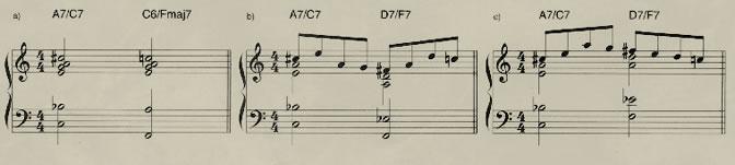 Pero ahora que sabemos que cada nota movida en un acorde disminuido es la fundamental de un acorde de dominante relacionado, podemos aplicar voicings de acordes maj6 y m6 a su acorde de dominante