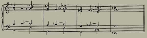 20) Este voicing resuelve la nota prestada sobre una nota del acorde (la 7ª mayor (B) resuelve a la 6ª mayor (A) sobre el acorde de Cm6). (Ej.