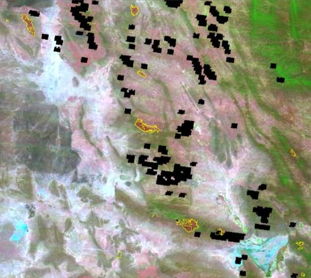 Área quemadas (líneas en color amarillo) sobre la imagen MODIS del 23 de mayo de 2012 RGB 721.