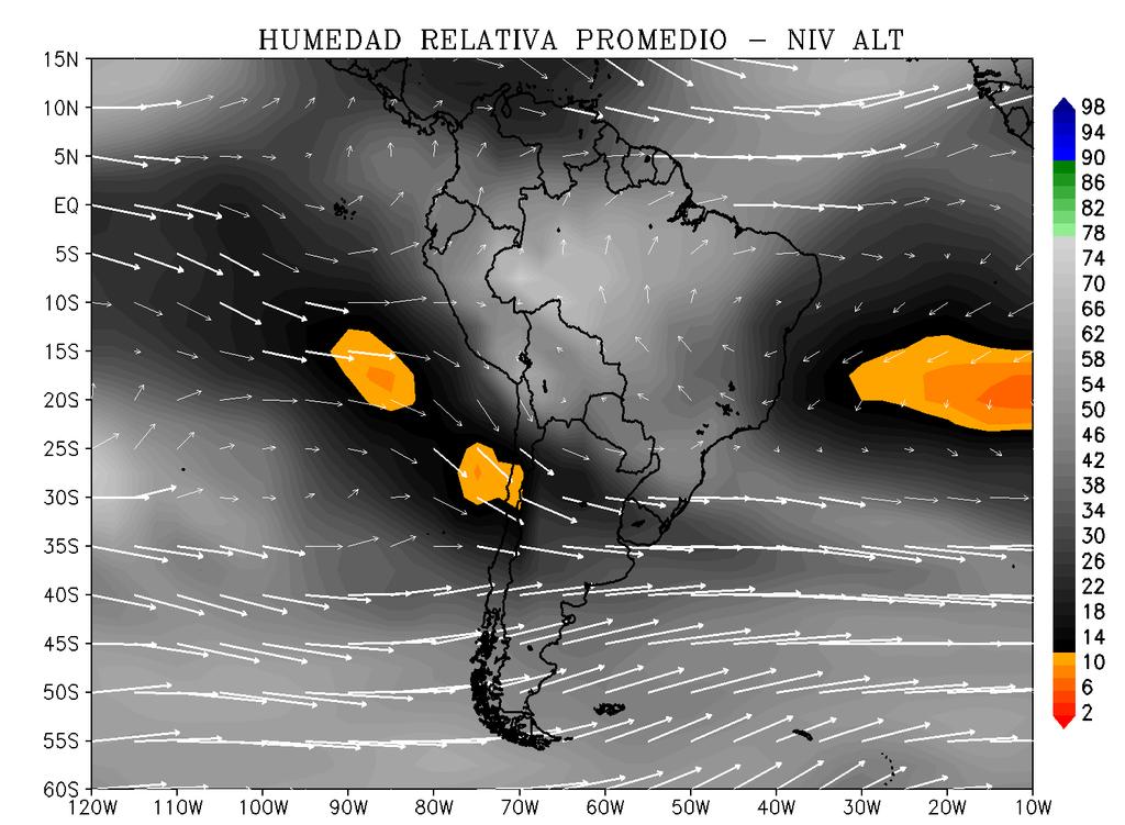 HUMEDAD NIVELES ALTOS En niveles medios y altos se presentó mayor contenido de humedad en el límite entre Perú y Brasil debido a la presencia de flujos del este en niveles de 500 hpa.