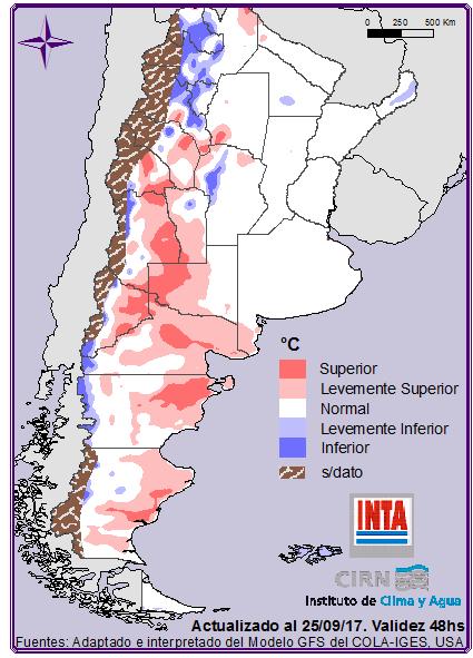 oeste) y Patagonia (noreste). Los valores máximos se prevén en Salta (este) y La Rioja (noreste).