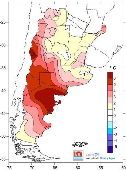 Se observaron valores más cálidos en todo el territorio nacional, respecto de lo normal para la época, especialmente sobre Patagonia (norte) y Cuyo, zonas donde las anomalías cálidas superaron los 5.