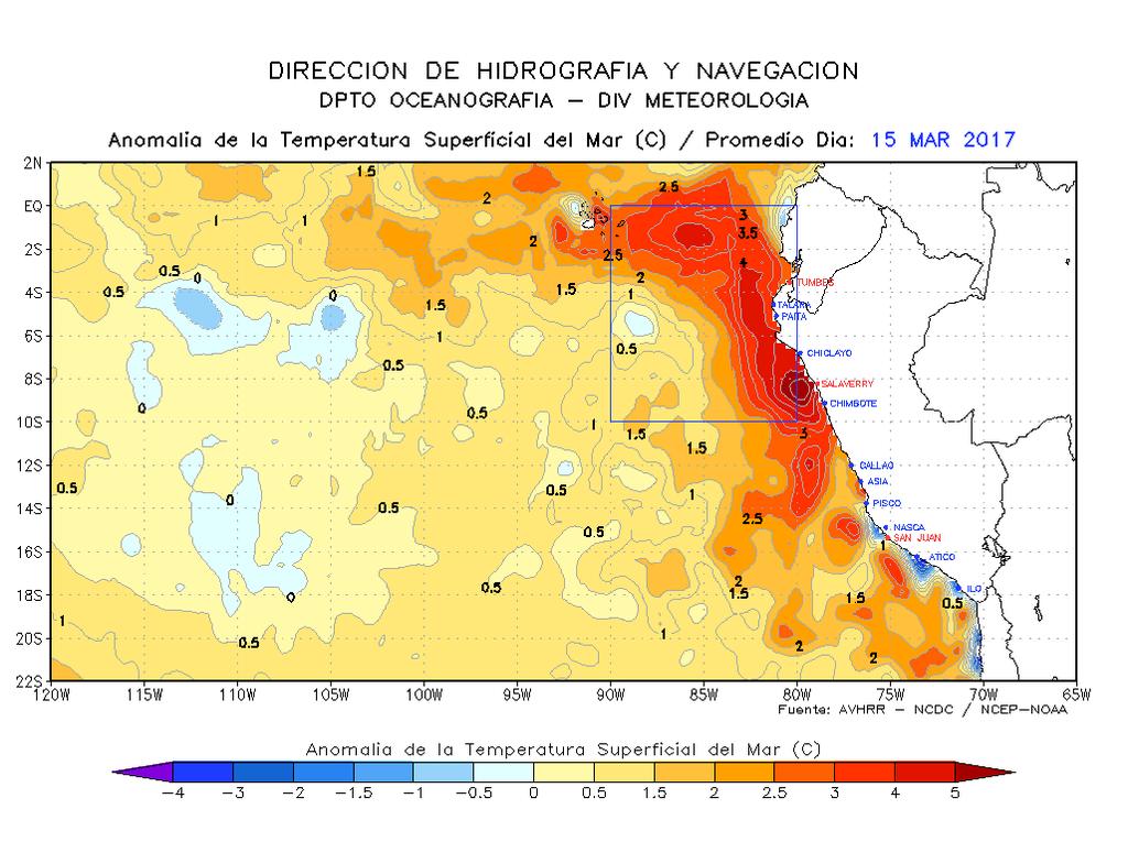 Por el lado oriental, en la región Niño 1+2 las condiciones térmicas presentan condiciones cálidas, sobre todo en áreas adyacentes a las costas de Ecuador y Perú, con temperaturas entre 27 C y 30 C,