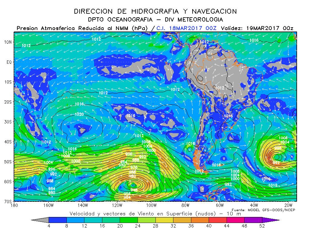 El sistema de Alta Presión del Pacífico Sur para el 18 y 19 de marzo presentaría una disminución en su presión de 1028 hpa a 1020 hpa, con una posición mas alejada de la costa, generando vientos en