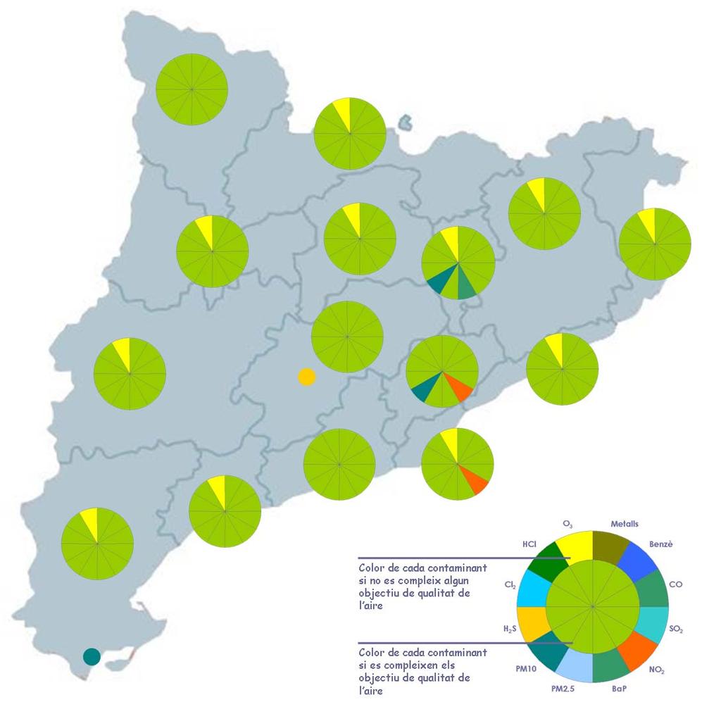 2. Una ullada al 2015 Al mapa següent es mostra un resum de l avaluació de la qualitat de l aire per a cada contaminant dins de cada zona.
