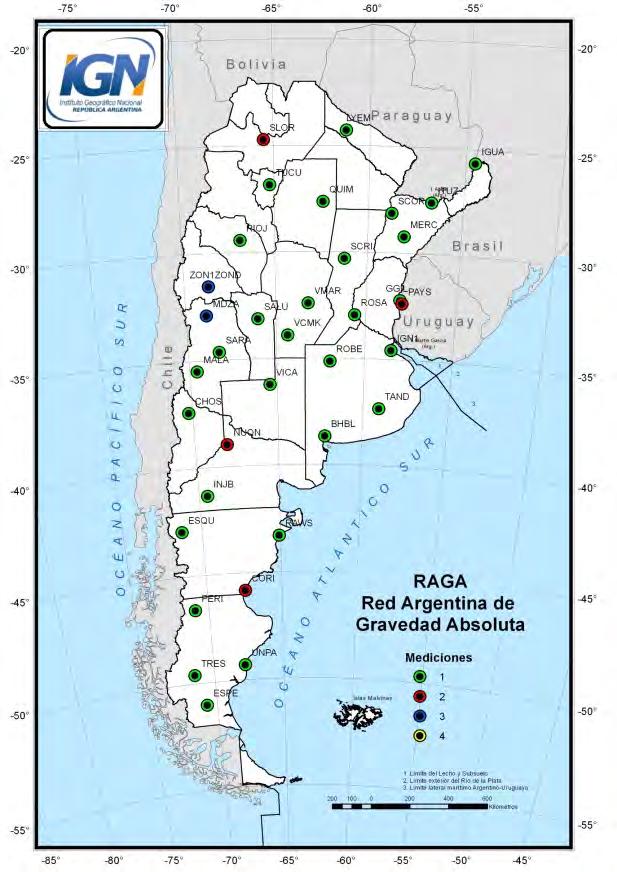 2. IGN (Instituto Geográfico Nacional) proyecto en Argentina : 2 campañas: Norte (17 puntos) Sur (15 puntos) Una red de gravedad absoluta (RAGA) se