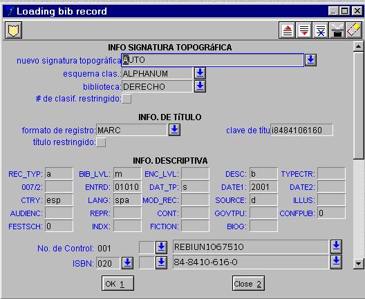 En esta pantalla hay que hacer las siguientes modificaciones15: - Formato de registro: MONOGRAFÍA (con la nueva versión por defecto) - Clave de título: a) Si el registro tiene ISBN lo toma