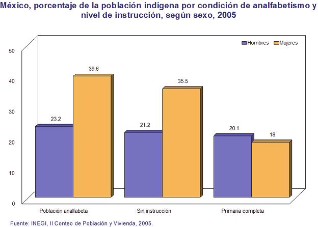 Siguiendo con los datos del II Conteo de Población y Vivienda 2005, los indicadores de alfabetización y nivel de instrucción de la población hablante de lengua indígena son clara muestra de su