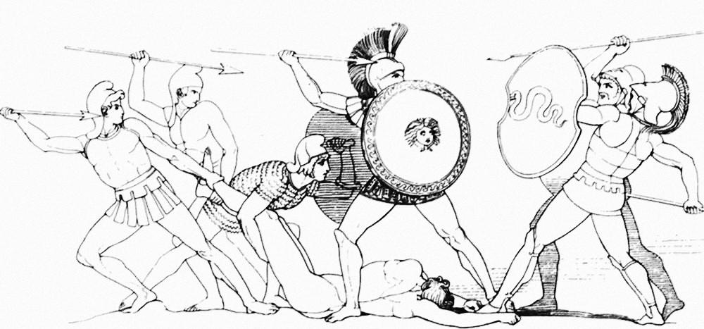 Un valeroso Hoplita y sus compañeros de aventuras protegen del enemigo a un camarada caído Combate Cuerpo a Cuerpo Resolver Ataques Para golpear a un oponente, un personaje debe tirar 1D20 y añadir