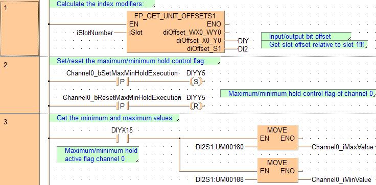 Configuración de la expansión Cuerpo LD: Cuando Channel0_bSetMaxMinHoldExecution pasa a TRUE, se activa la función que mantiene el valor máximo y mínimo.