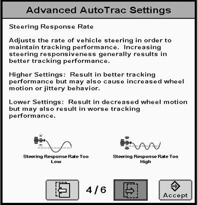 Ajustes avanzados de GS3 2630 Velocidad de respuesta de dirección Ajusta la velocidad de respuesta del sistema de dirección del vehículo para mantener la calidad de seguimiento.