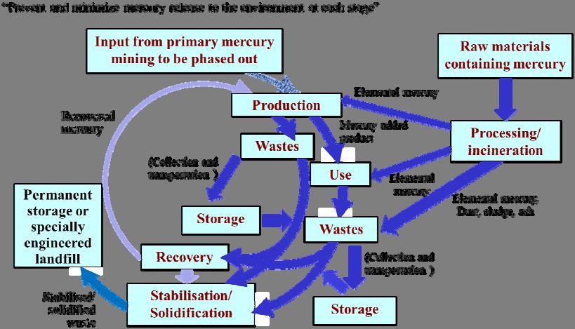 Figura 1: Concepto básico del manejo del mercurio Prevent and minimize mercury release to the environment at each stage = Prevenir y minimizar la liberación de mercurio al medio ambiente en cada