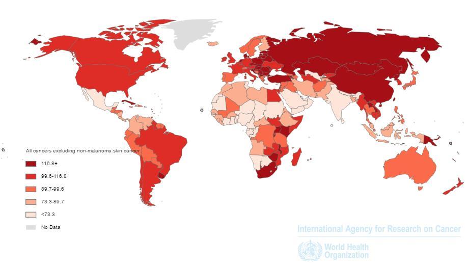 Mapa 2. Mortalidad mundial de cáncer. Tasas estandarizadas por edad según población mundial por 100.000 habitantes. Año 2012. Fuente: Globocan (IARC) http://globocan.iarc.fr/pages/map.