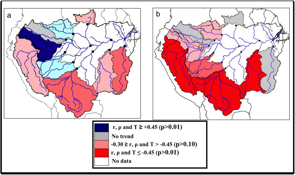 opuestos que involucran principalmente a ríos andinos: un incremento de la escorrentía durante aguas altas en las regiones del noroeste (de color azul en la Figura 2a) y una disminución de la