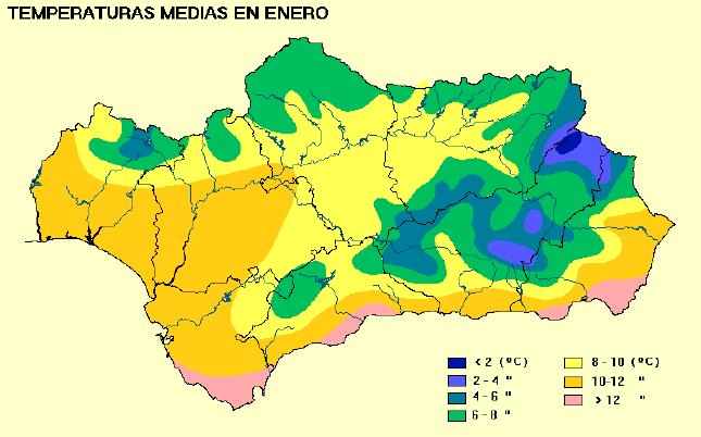 Andalucía. Mapa 3: Temperaturas medias en enero.