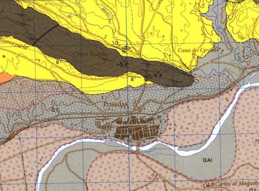 Mapa 7: Hoja MAGNA 945/15-38. El círculo rojo marca la zona del camino previsto en Posadas. Elaboración propia a partir del mapa aportado por el IGME 3.2.4.- Hidrología e hidrogeología.