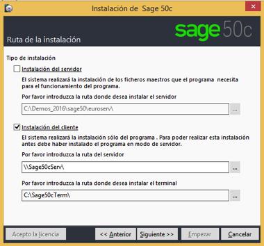 Paso 4 En la pantalla de ruta de la instalación deben marcarse tan solo la opción Instalación del cliente indicando: La ruta del servidor: es la ruta donde se encuentra el servidor de Sage 50c y que