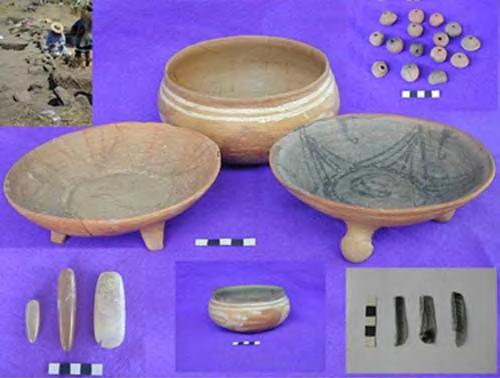 Figura 10. La imagen central es una fotografía de tres recipientes del período Posclásico Temprano, que fueron enterrados con un individuo.