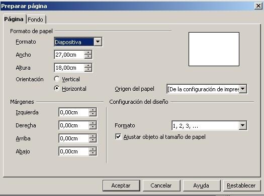 Configuración de Páginas Configurar una página: Dar clic en el botón derecho dentro del área de trabajo. Seleccionar la opción Diapositiva.