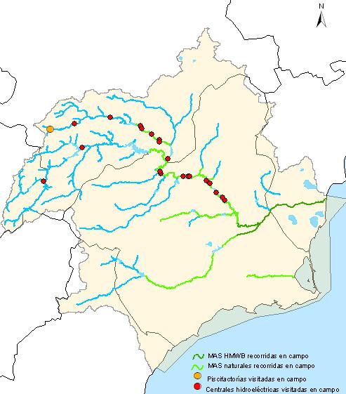 Figura 1. Masas de agua superficiales, y zonas puntuales de la demarcación, visitadas y recorridas en campo con motivo del proyecto IMPRESS II 3.