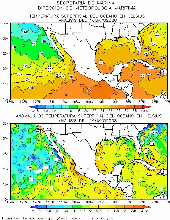 Análisis de la TSM en C, 16 de mayo 2008 La TSM se encuentra entre 28 C en el Caribe y 30 en el Pacífico oriental Valores positivos de la anomalía de la TSM para el Pacifico sur Mexicano Valores