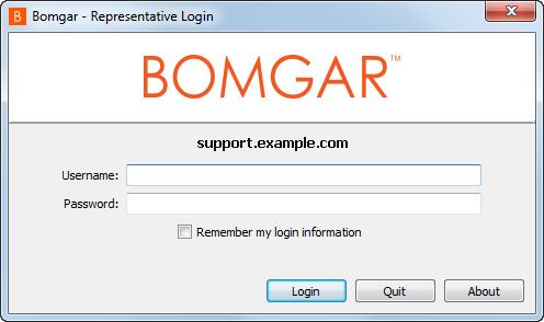 Iniciar sesión en la consola del técnico de soporte de Bomgar Connect Después de instalar la consola del técnico de soporte Bomgar, inicie la consola del técnico de soporte desde su ubicación en el