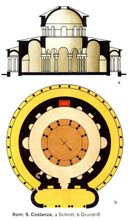 Mausoleo de Santa Constanza (Roma) año 350 El edificio se estructuraba en 3 círculos concéntricos: una columnata exterior hoy desaparecida; un segundo círculo, delimitado por un macizo muro cuyo