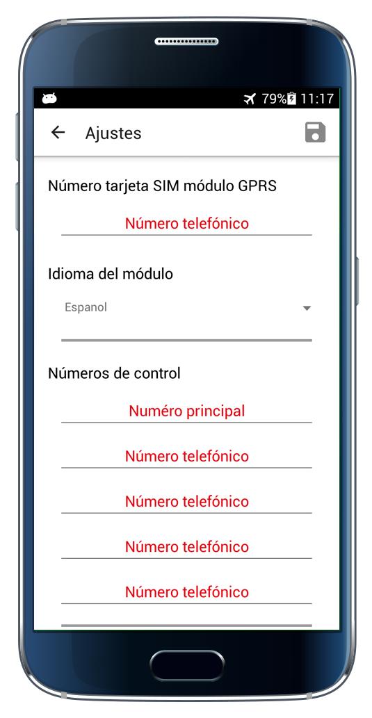 CONFIGURACIÓN La primera vez que la uses, has de configurar la App introduciendo: El número de teléfono de la SIM introducida (completo de prefijo internacional) en el módulo GPRS conectado a la