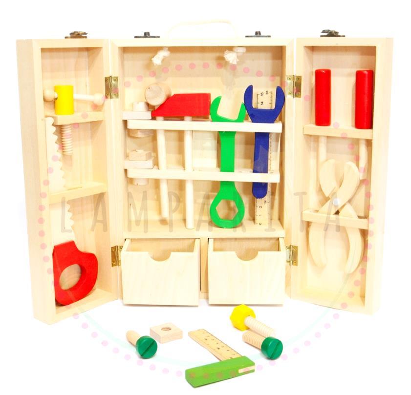 Caja de herramientas Descripción: caja con herramientas y piezas de trabajo, perfecto para desarrollar el juego imitativo y las