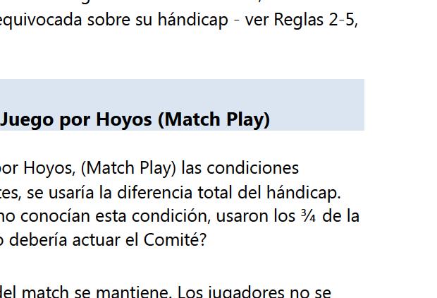 6-2a/6 Utilización de hándicap mal ajustado en Juego por Hoyos (Match Play) P En una competición hándicap en el Juego por Hoyos, (Match Play) las condiciones establecen que si los hándicaps fueran