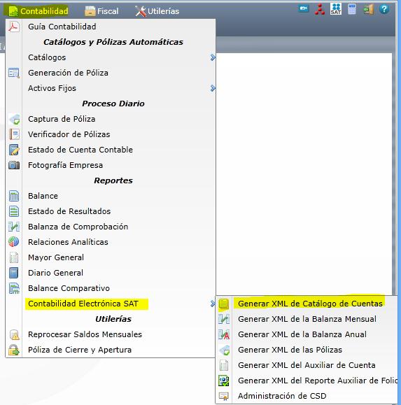 8.4 Contabilidad Electrónica SAT 8.4.1 Generar XML de Catálogo de Cuentas Entrar al menú de Contabilidad a la opción Generar XML de Catálogo de Cuentas.