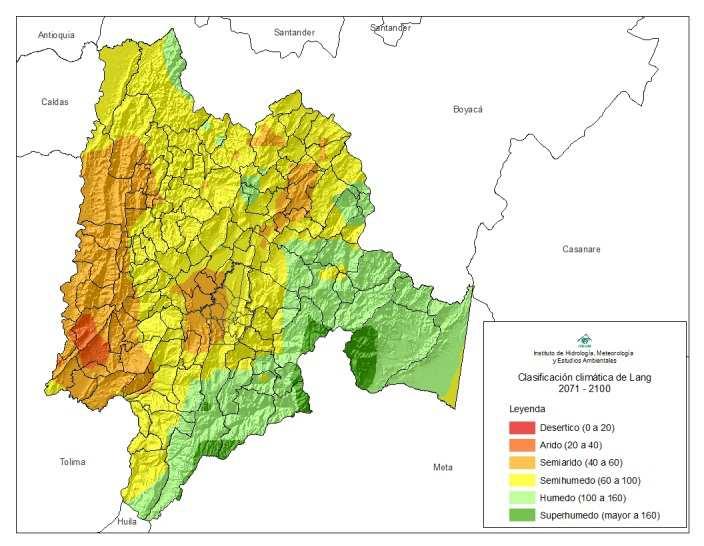 Los escenarios construidos para la Región (2040-2070 y 2071-2100), permiten evidenciar una tendencia hacia la aridización en algunos sectores del departamento de Cundinamarca, mientras que para una