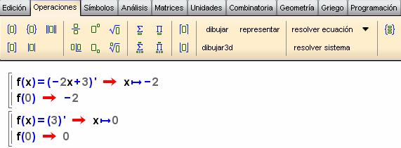 Matemáticas II Tema 9. Aora resolveremos el problema con Wiris:. En primer lugar, derivamos las tres partes en las que dividimos la unción.