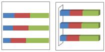 Barra apilada y barra apilada en 3D Los gráficos de barras apiladas muestran la relación de elementos individuales con el conjunto.