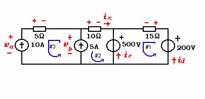 Ejemplo 2 a) Cuántas ramas y nodos tiene el circuito? Cuántas ecuaciones independientes aporta cada LK? b) Calcule la corriente en las fuentes de tensión y la tensión en las fuentes de corriente.
