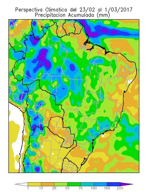 Paralelamente, se producirán precipitaciones abundantes, sobre la mayor parte del área agrícola brasileña. Solo el noroeste y el sur de su extensión recibirá valores moderados a escasos.