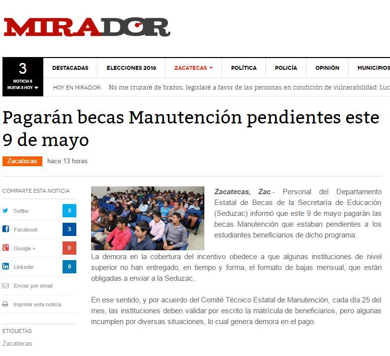 Pagarán becas Manutención pendientes este 9 de mayo ZACATECAS (3/may/2016).