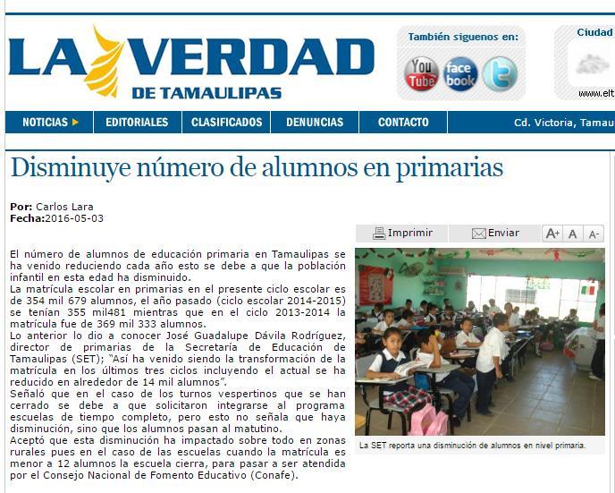 Disminuye número de alumnos en primarias TAMAULIPAS (3/may/2016).