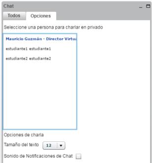 Al seleccionar Opciones le aparece un cuadro de dialogo indicando los miembros activos de la videoconferencia con el objeto de seleccionar uno para realizar el chat privado, en azul aparece su